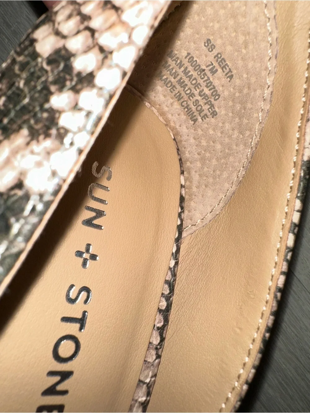 Sun + Stone - Beige and Black Snake-Print Ankle Strap Block Heels